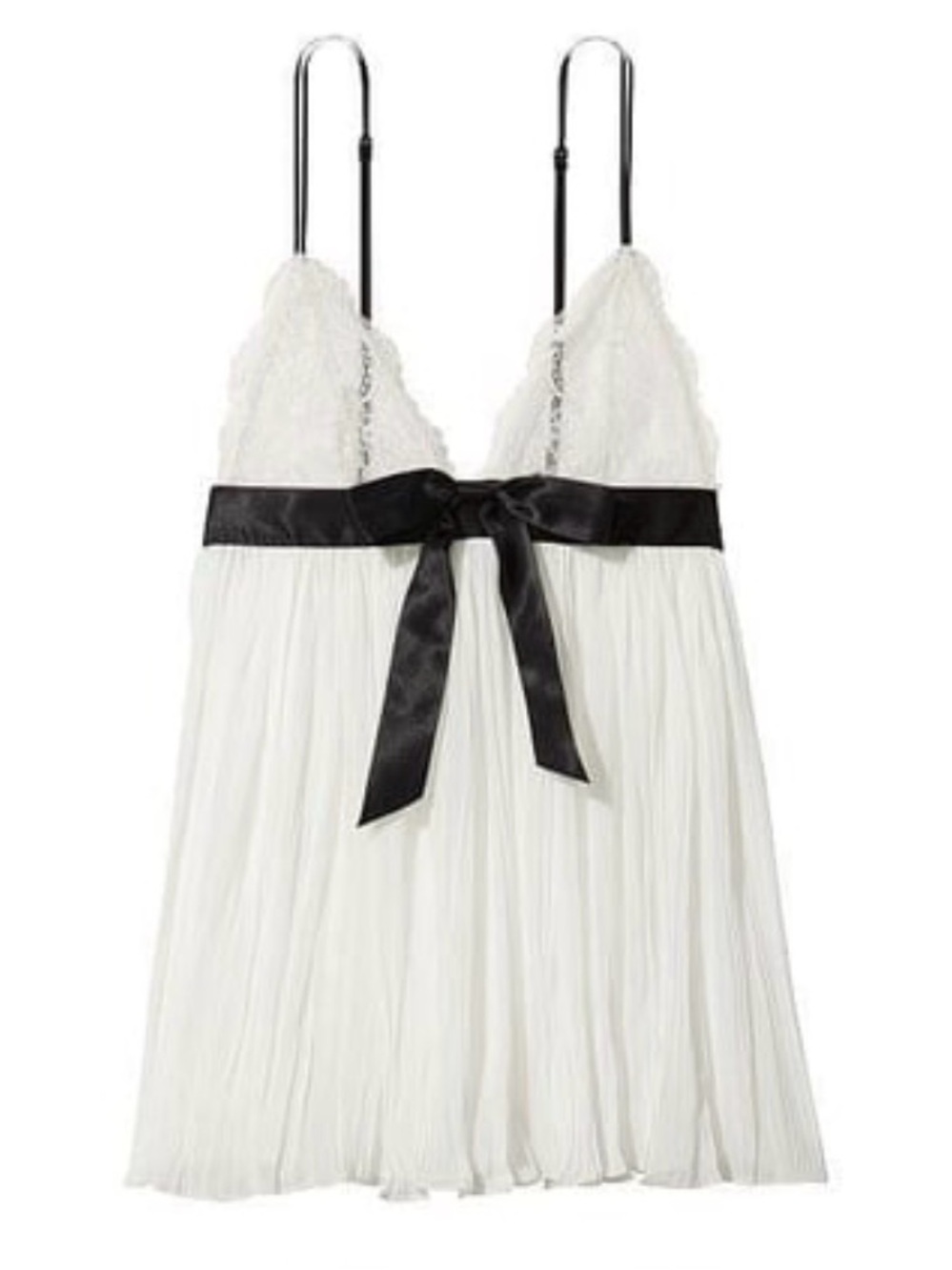 Victorias Secret pleated white with black Satin Bow babydoll